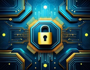 computer chip with yellow padlock security symbol on blue hexagonal background