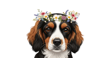 Cute bernese mountain dog puppy with flower crown isolated on transparent background