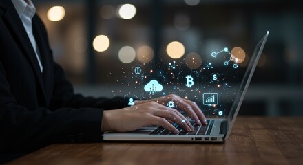 Professional person typing on laptop with futuristic digital interface showing data, cloud, and finance icons.