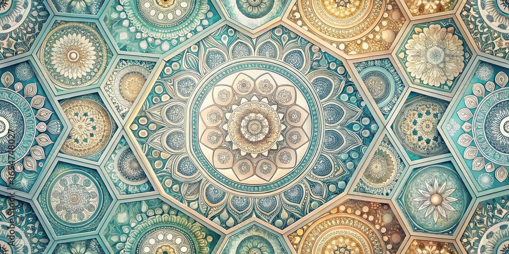 Poster intricate hexagonal mandala design featuring ornamental patterns and a harmonious color palette