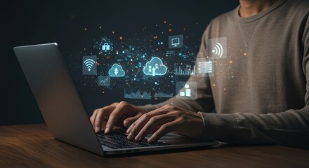 Modern professional analyzing digital data streams and cloud technology on laptop, showcasing innovation