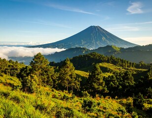 Scenic mountain vista, lush foliage and clouds create a serene landscape