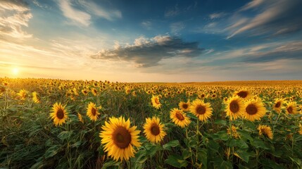 Obraz premium Sunflowers field at sunset