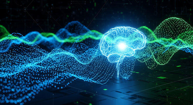 Artificial intelligence brain with neural network connections and digital data.
