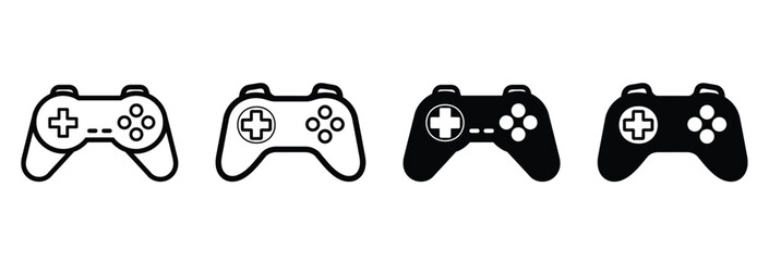 set of game controllers, outline and solid black, isolated on white background. © Mondil biswas