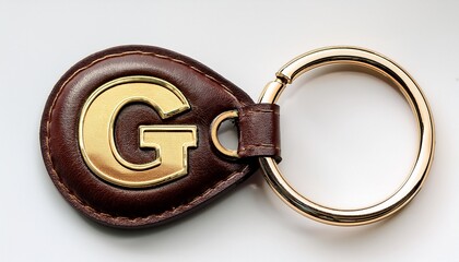 close up of brown leather keychain with gold letter g on white background