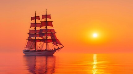 Fototapeta premium Majestic tall ship sails towards a fiery sunset over the calm ocean