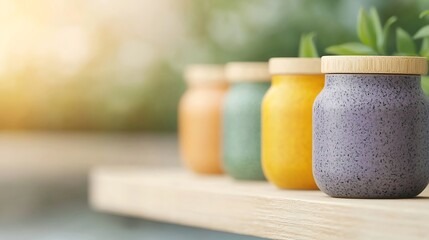 Colorful jars of smoothies lined up outdoors