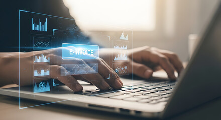 Person typing on laptop with futuristic data interface overlay