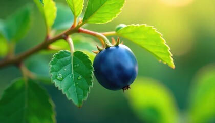 A close up shot of a single dark blue berry hanging from a branch with green leaves in soft focus