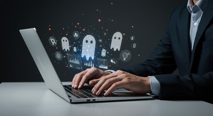 Businessman analyzing digital data with futuristic ghost interface and glowing network connections