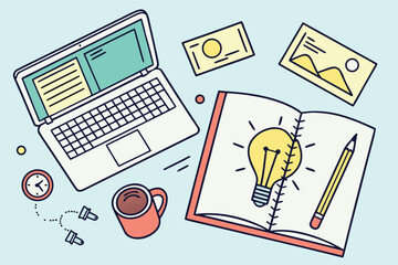 Creative Startup Workspace Vector Design Featuring Laptop, Open Notebook, Lightbulb Doodle, Pencils, and Coffee Mug for Business, Entrepreneurship, and Brainstorming Presentations
