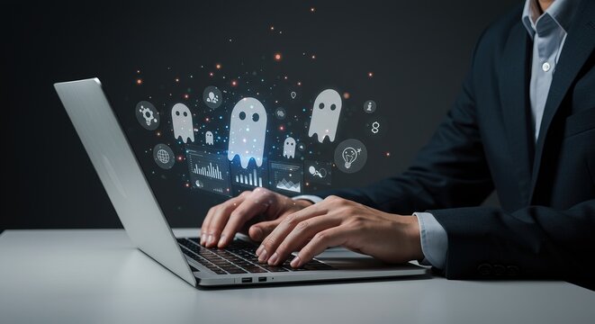 Businessman analyzing digital data with futuristic ghost interface and glowing network connections - Powered by Adobe