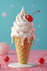 Delicious Swirled Soft Serve Ice Cream Cone Topped with a Cherry on a Pink and Blue Background