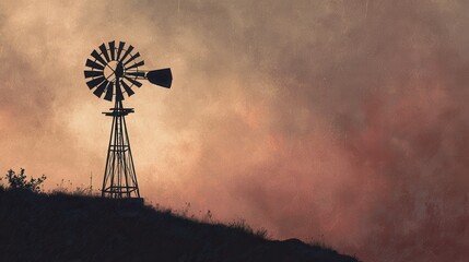 Scenic Silhouette of a Vintage Windmill Against a Dramatic Sky at Dusk with Warm and Cool Tones