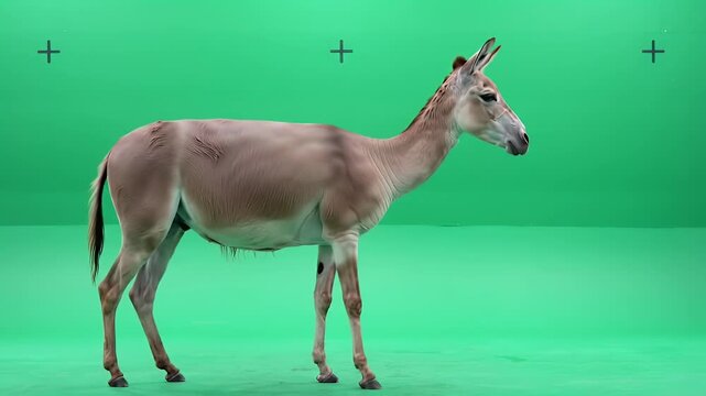 Wild Ass (Onager) Full Body Side View on Green Screen with Tracking Markers for Easy VFX Compositing and Post-Production