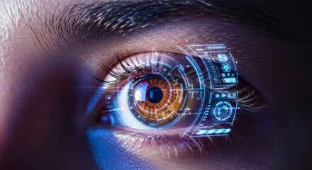 Futuristic human eye with digital interface overlay, showcasing advanced technology and visual enhancement for augmented reality.