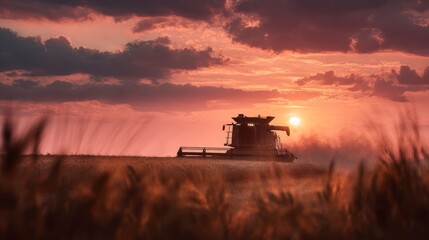Fototapeta premium Sunset over wheat field with combine harvester