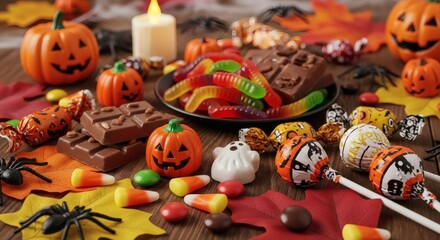 A festive Halloween treat spread with pumpkins, chocolate, candies, gummy worms, and colorful fall leaves on a wooden surface.