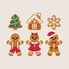 Cute gingerbread cookies with Christmas tree, snowflake, and gingerbread house, festive holiday decorations, traditional Christmas sweet treats vector illustration.