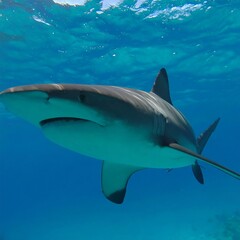Obraz premium Underwater close-up of a shark swimming in clear blue water