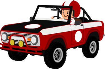 race driver in red and black off road car, retro rally suv cabriolet 

