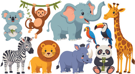 A colorful set of cute cartoon safari animals and jungle wildlife characters.