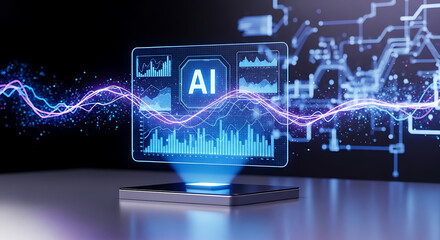 Futuristic AI hologram displaying data analytics with glowing energy waves and a circuit board background.