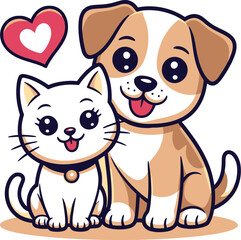 Fototapeta premium A cute cartoon illustration featuring an adorable white cat and a friendly dog showcasing their companionship and joy.