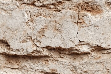 Close-up view of a weathered, light beige and tan rock face with deep cracks and varied textures.