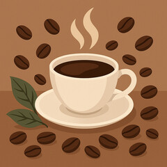 Obraz premium Warm brown illustration of a steaming coffee cup with roasted beans and leaves. Cozy café vibe—great for menus, posters, ads and social posts.