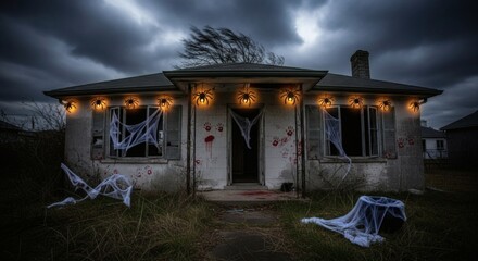 Obraz premium Eerie Halloween house with spider lights, fake blood, and spiderwebs under a moody sky. A creepy and spooky decoration.