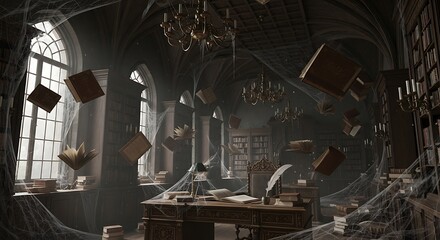 Photo of old library with floating books