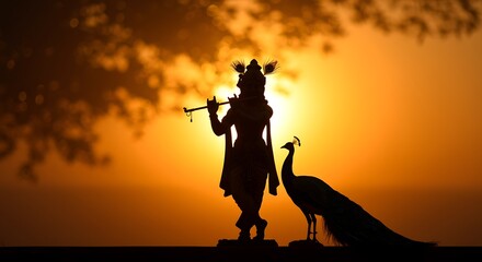Krishna silhouette with peacock at sunset Hindu deity