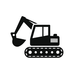 Black excavator icon with scoop and tracks on white background digger construction
