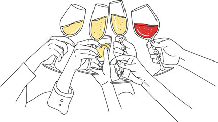 Handdrawn illustration of a group of friends toasting with drinks.