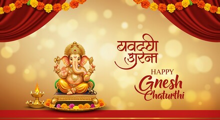 Lord Ganesha illuminated with festive golden background and curtains