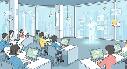 Students in a futuristic classroom environment with a holographic instructor, using computers.