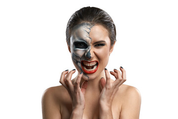 Woman with Split Face Makeup Expressing Intense Emotion