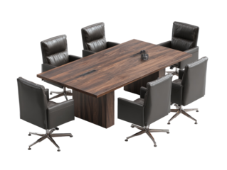 Meeting table and chairs in a corporate setting.  Dark wood table, dark gray leather chairs.  Modern, professional