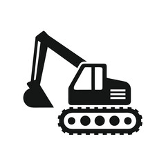 Black silhouette of a tracked excavator with a raised bucket on a white background digger construction
