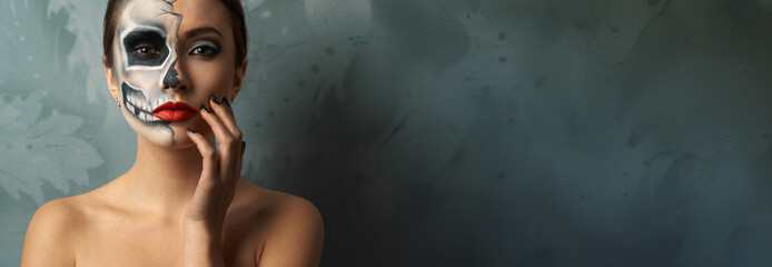 Woman with Skull Makeup Wide Banner with Copy Space