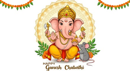 Lord Ganesha with mouse, axe, and modak on white background