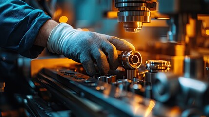 Worker wearing gloves operating precision machinery in a factory, adjusting metal components in an industrial environment, illuminated by warm lighting