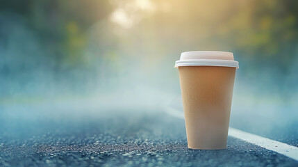 Coffee Cup in Morning Fog on Empty Street, Copy Space.