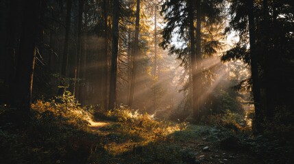 Fototapeta premium Serene Sunlight Breaking Through Trees in a Lush Forest Pathway with Soft Rays of Light and Greenery