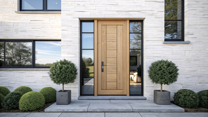 Photorealistic Scandinavian wooden door in minimalist design with light wood, white stone wall, black-framed windows, and green bushes in concrete planters, modern calm architecture for stock imagery