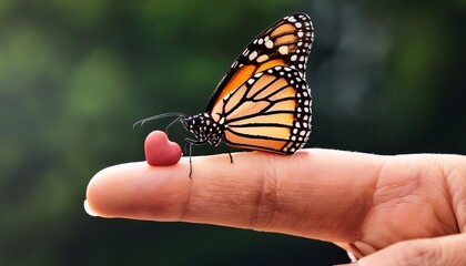 monarch butterfly resting on a finger with a heart stone in another hand