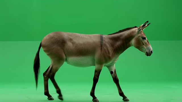 Full Body View of a Donkey or Wild Ass Walking Gracefully in Profile on a Vivid Green Screen, Perfect for Chroma Keying and Digital Integration