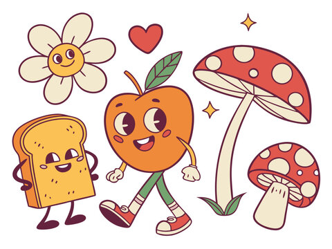Cute cartoon groovy element vector. Collection of cartoon characters, doodle smile face, flower, apple, orange, heart, bread, mushroom. Retro groovy hippie design for decorative